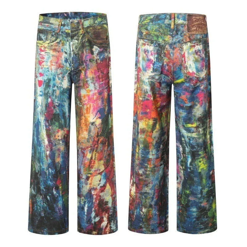 

2025 American Style Men's Jeans | 3D Rainbow Oil Print & Size Graphics, Streetwear Wide Leg Straight Cut Pants