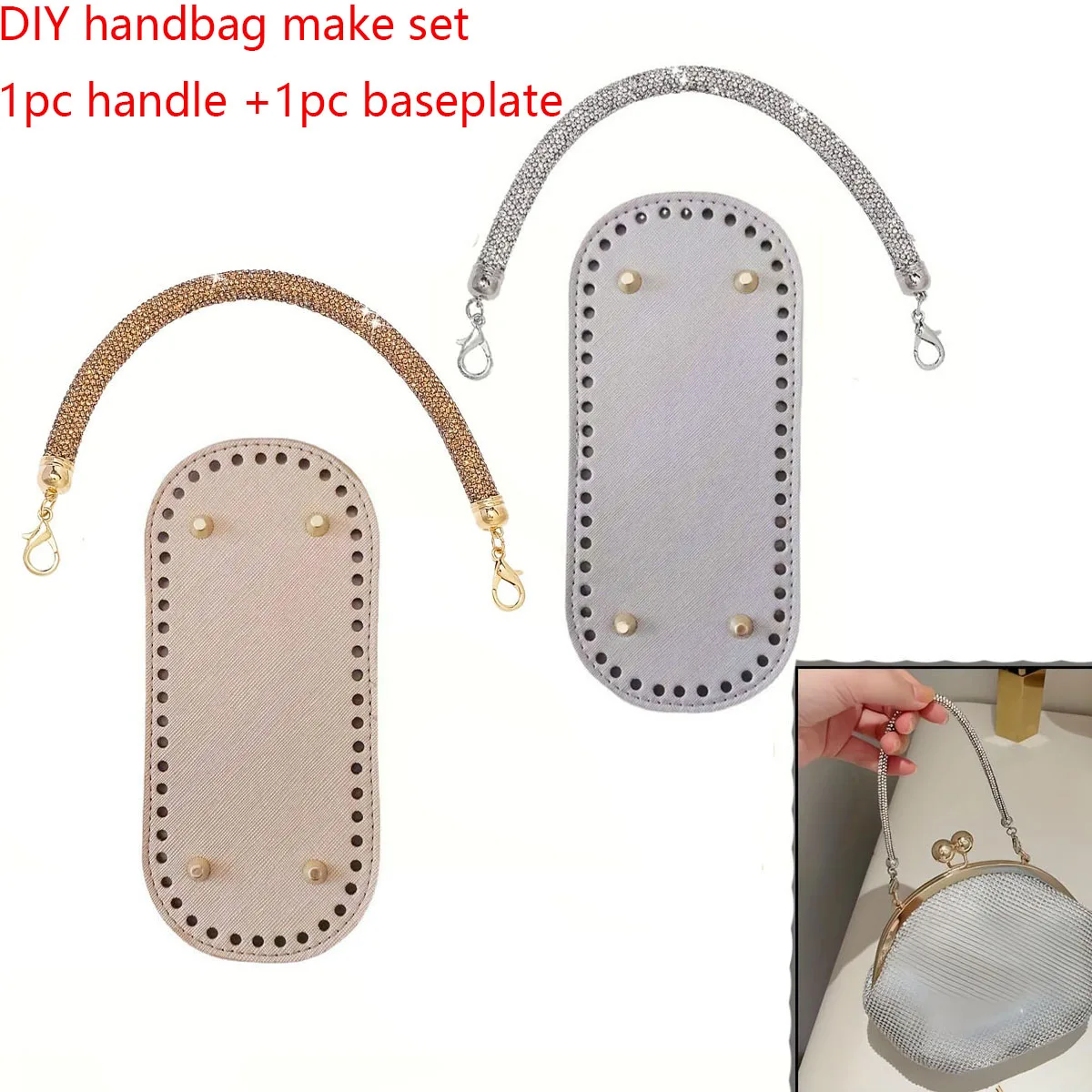 Lot de 2 poignées de sac de soirée faites à la main + plaque de base fixe, accessoires de remplacement de poignée de sac en acrylique avec chaîne brillante, accessoires de poignée de sac à chaîne avec fermoir mousqueton, adaptés aux amateurs de bricolage, magnifique ensemble d'accessoires de matériel pour la fabrication de sacs faits à la main
