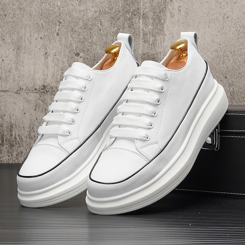 Zapatos blancos informales de estilo callejero para hombre, zapatos planos de cuero originales con cordones, zapatillas de plataforma para senderismo al aire libre, calzado de diseñador para hombre