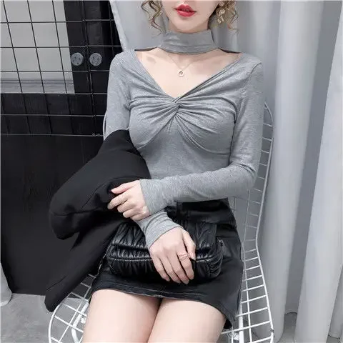 Blouse Women Autumn and Winter Knotted Slim-Fit V-neck Halter Long-Sleeved Shirts for Women Blusas Ropa De Mujer