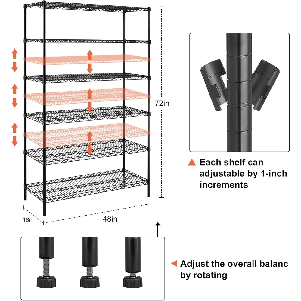 6000Lbs Capacity Heavy Duty Storage Shelves Commercial Wire Shelving Unit and Storage Adjustable NSF 6 Tier Metal Rack Shelf