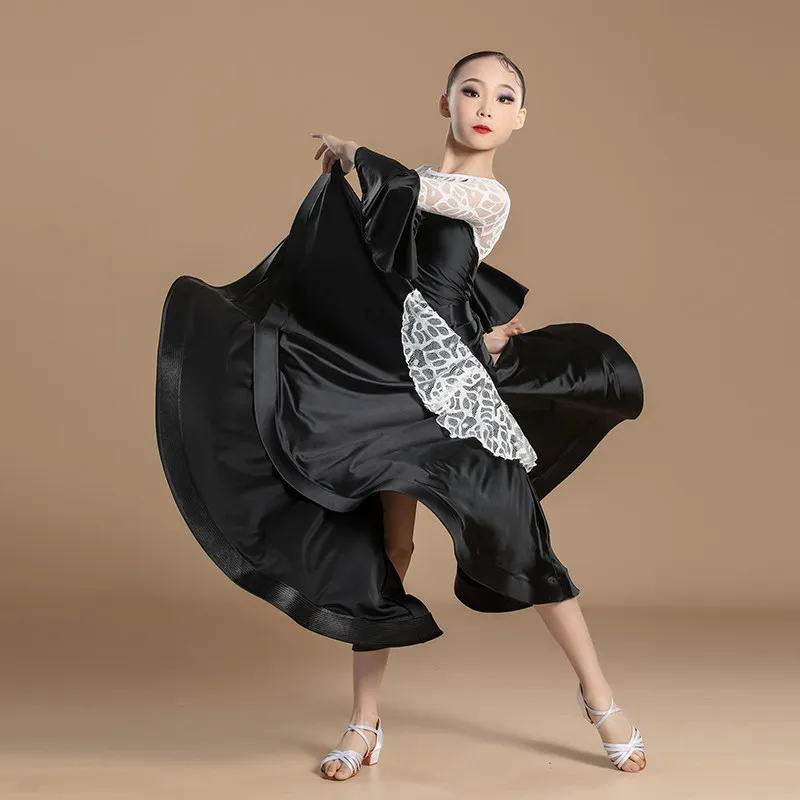 

Новый детский костюм для современных танцев Quickstep: платье для вальса, тренировок и выступлений, длинная юбка для соревнований