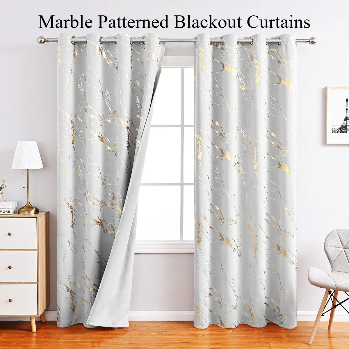 

Blackout Curtains Marble Pattern White Printed for Bedroom/Living Room/Kitchen/Window/Door Decoration Fabric Curtain Shading 80%