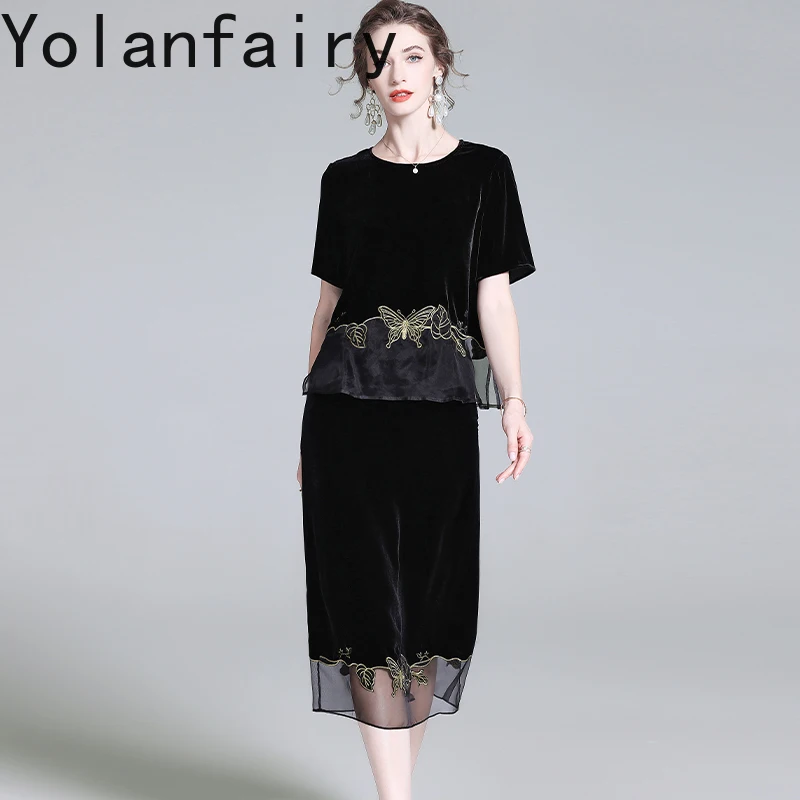 욜란페어리 실크 벨벳 여성용 수트 드레스 가을 패션 출퇴근 자수 라운드넥 티셔츠 실크 수트 세트 스커트 2025