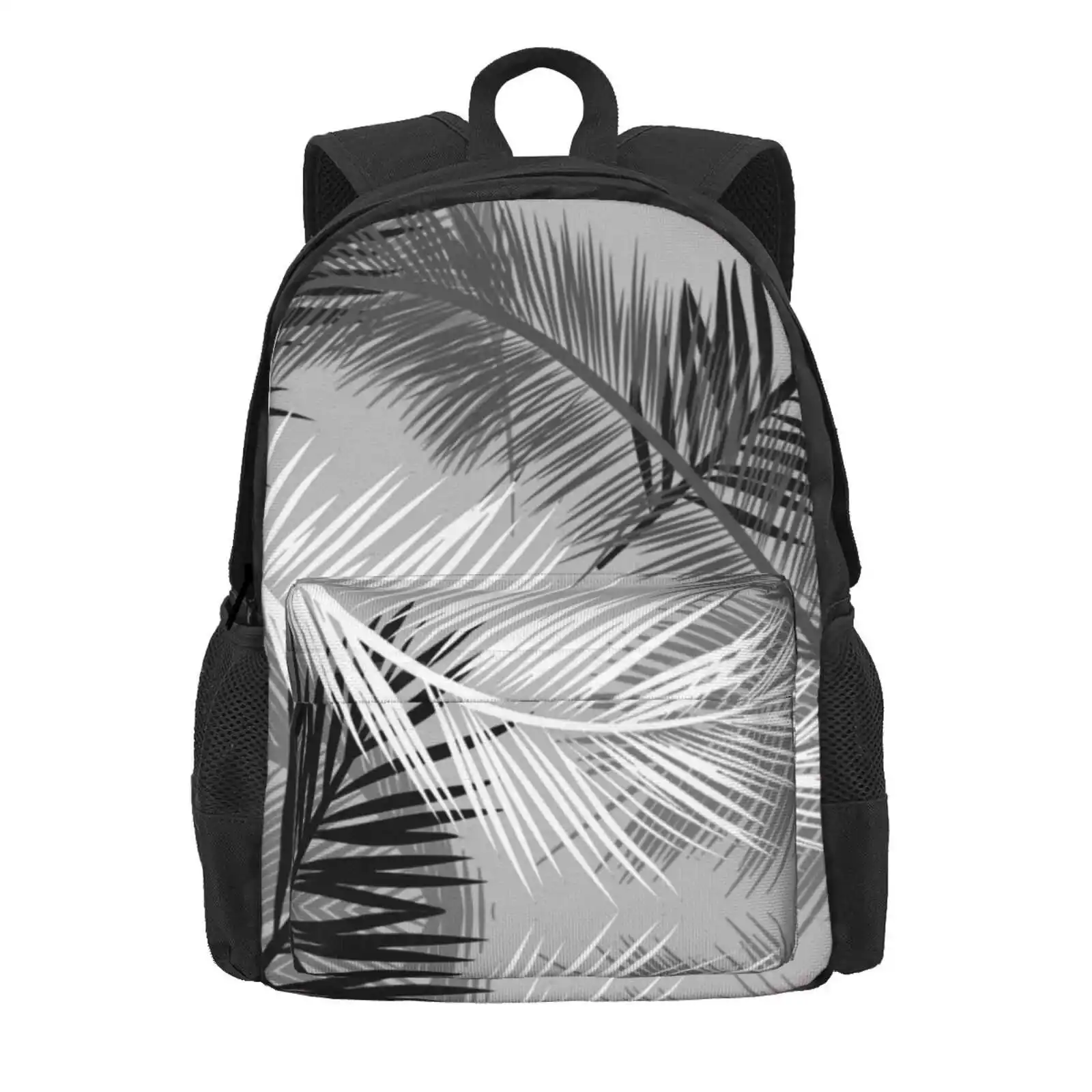 Palm Leaf Print, Gray, Black And White Hot Sale Schoolbag Backpack Fashion Bags Palm Leaf Tropical Leaves Palm Tree Leaf