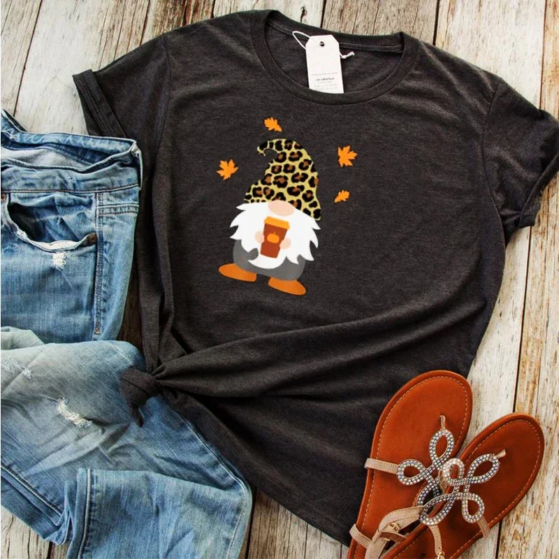 

Fall Gnome with Pumpkin Spice Halloween Woman Tshirts 2024 Thanksgiving Cute Gift Shirt Casual Cartoon Graphic Kawaii Clothes L