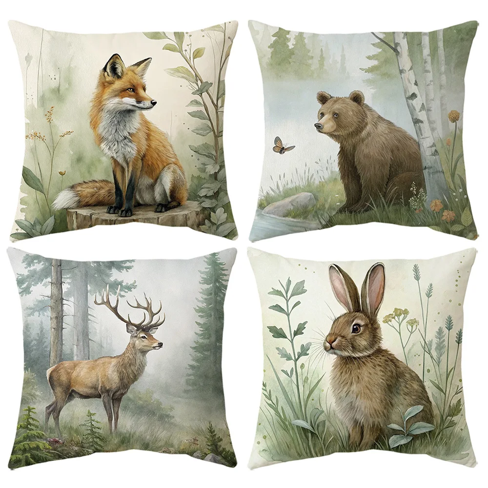 أغطية وسائد زخرفية مطبوعة للحياة البرية: تصميمات ثعلب ودب وغزلان وأرنب غطاء وسادة أريكة لتزيين غرفة المنزل #1