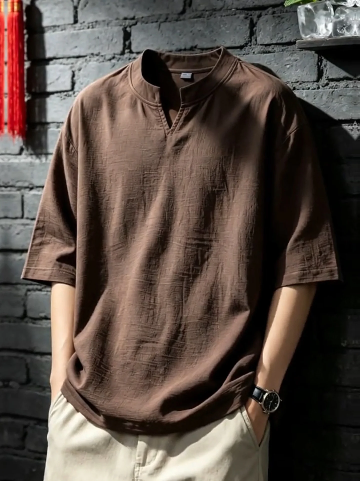 Café Brown Silk Linen V-neck T-shirt Men's Summer Thin Lazy Old Money Style Short Sleeve Breathable Half Sleeve T-shirt