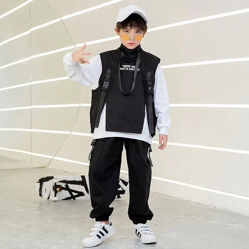 Vest For Girls Boys Street Dance Costume Clothes Kid Hip Hop Clothing Long Sweatshirt Top Tactical Cargo Pants Sleeveless Jacket