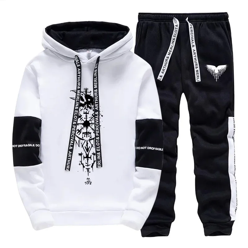 

2025 New Fashion Men's Tracksuit Hoodies Sweatpants Fall Winter Daily Casual Sporty Jogger Sportswear Viking Raven Print Outfits