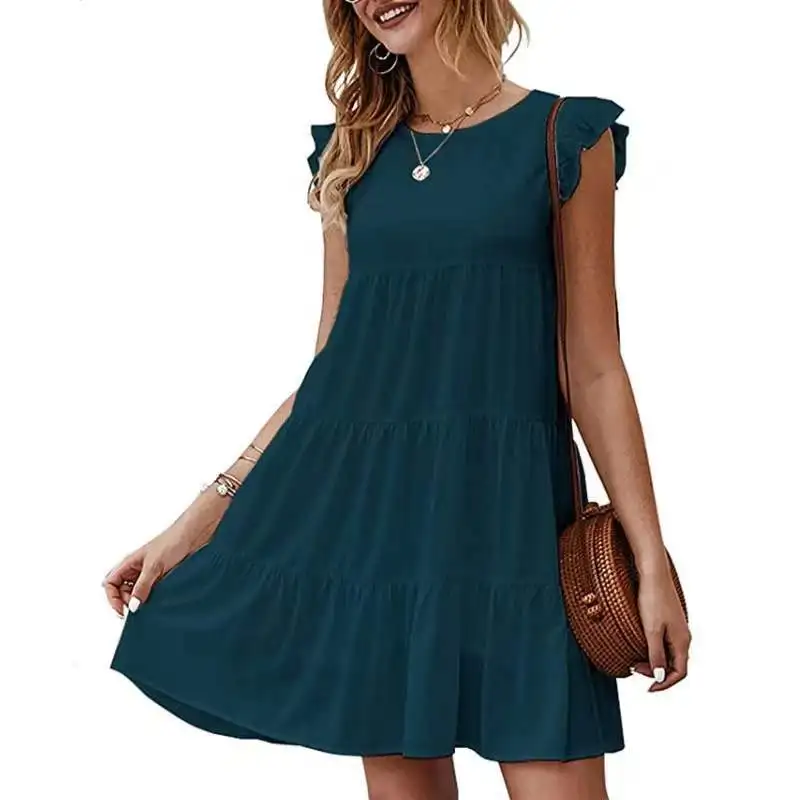 2025 Summer new solid color round neck short-sleeved dress casual cake skirt pleated skirt