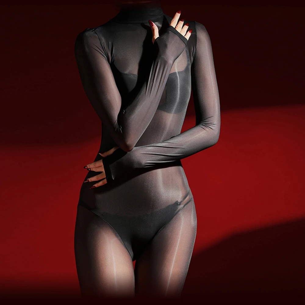 Sexy Women 5D Thin Sheer See Through Bodysuit Backless Open Crotch Tights Oil Glossy Shiny Maid Leotard Shaping Jumpsuits