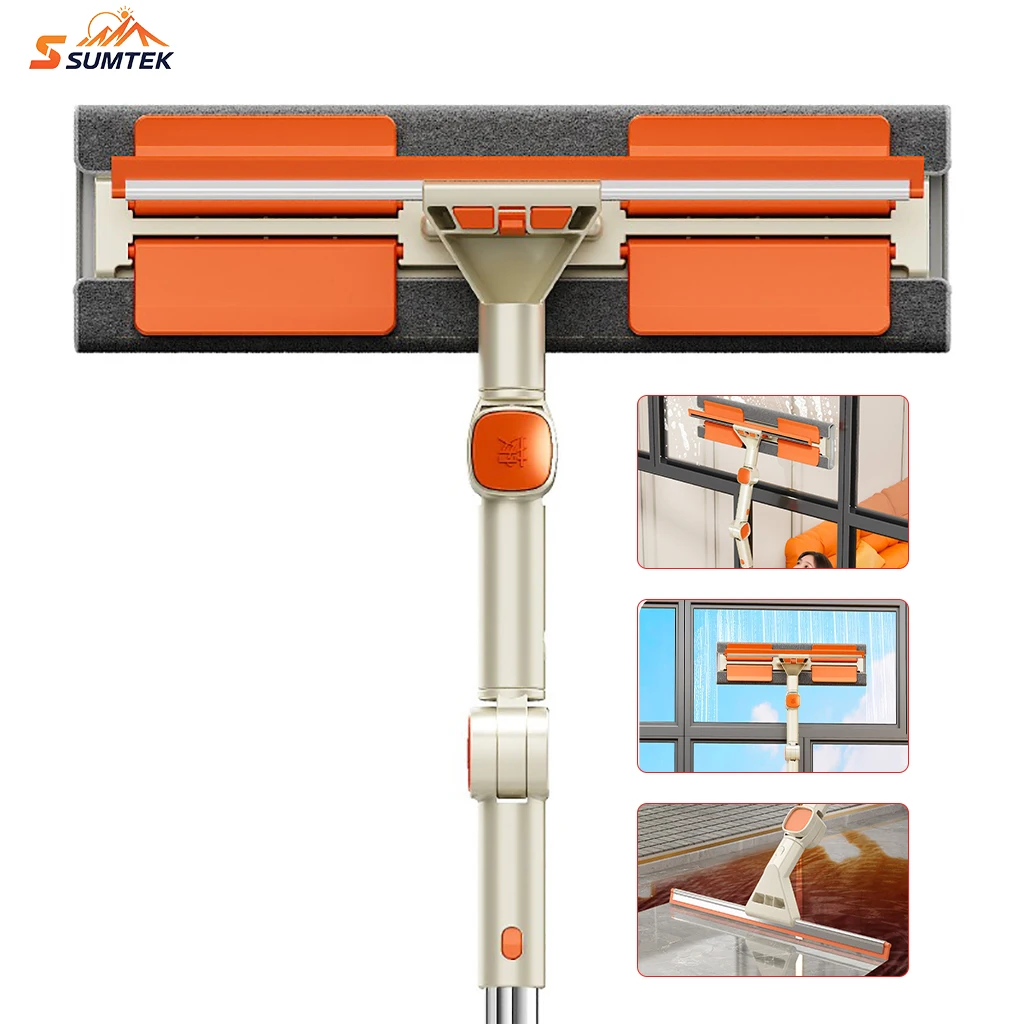 Swivel Head Window Cleaning Squeegee,Glass Wiper with Extendable Long Handle 2 In 1Scrape &Wipe for Indoor Outdoor Glass Washing