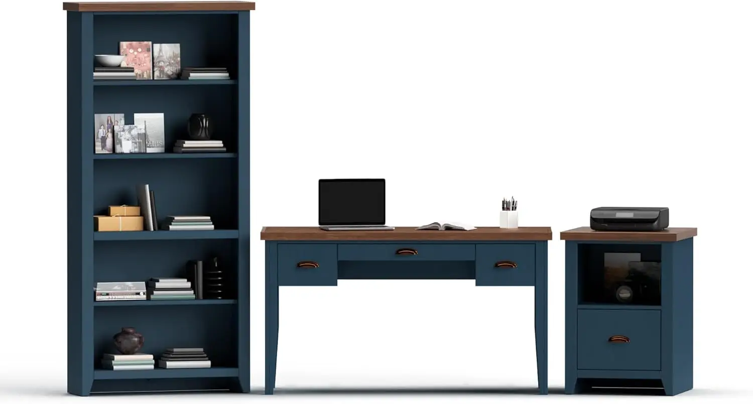 Nantucket Modern Farmhouse 3-Drawer Writing Desk, 53 Inches, Fully Assembled, Poplar Solid Wood, Blue Denim and Whiskey Finish