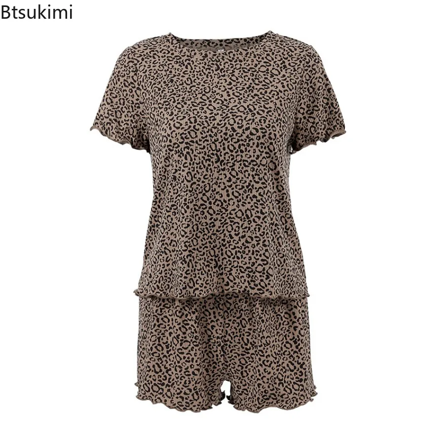 2025 Women's Summer Leopard Print Pajama Sets Short Sleeve Shirts and  Shorts Two-piece Set Casual Simple Round Neck Home Wear