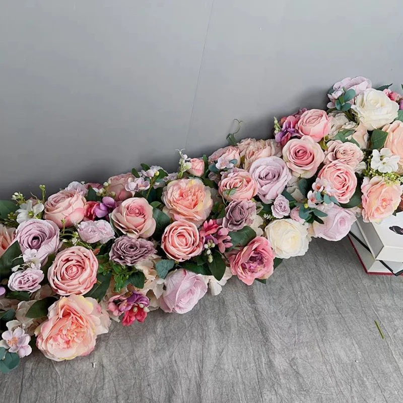 Custom New 1M Artificial Flower Rose with Green Leaf Floral Row Wedding Arch Background Wall Decor Hotel Home Event Table Runner