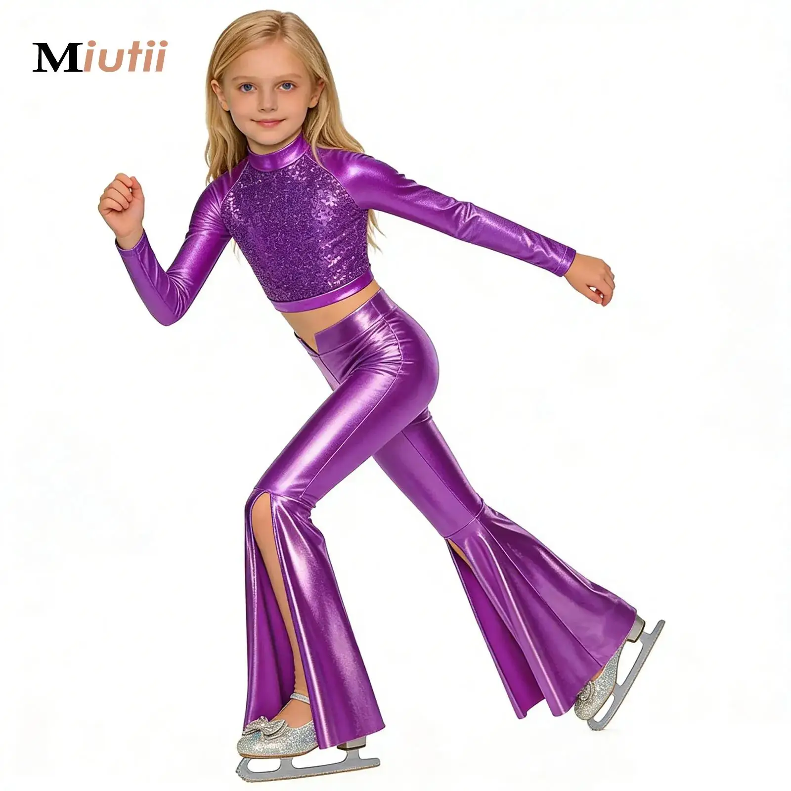 

Kids Girl Jazz Dance Outfit Hip Hop Street Performance Set Sequins Crop Top+Bell-Bottom Shiny Pants Set for Training Competition