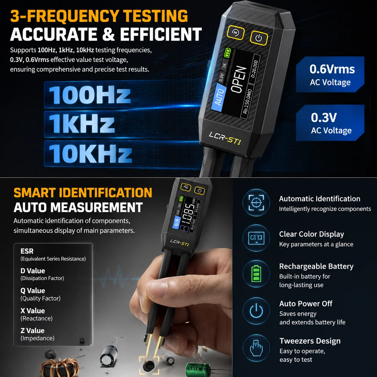 FNIRSI LCR-ST1 Mini Smart Tweezer LCR SMD ESR Tester Resistance Capacitance Inductance Continuity Diode Test Measurement Tool