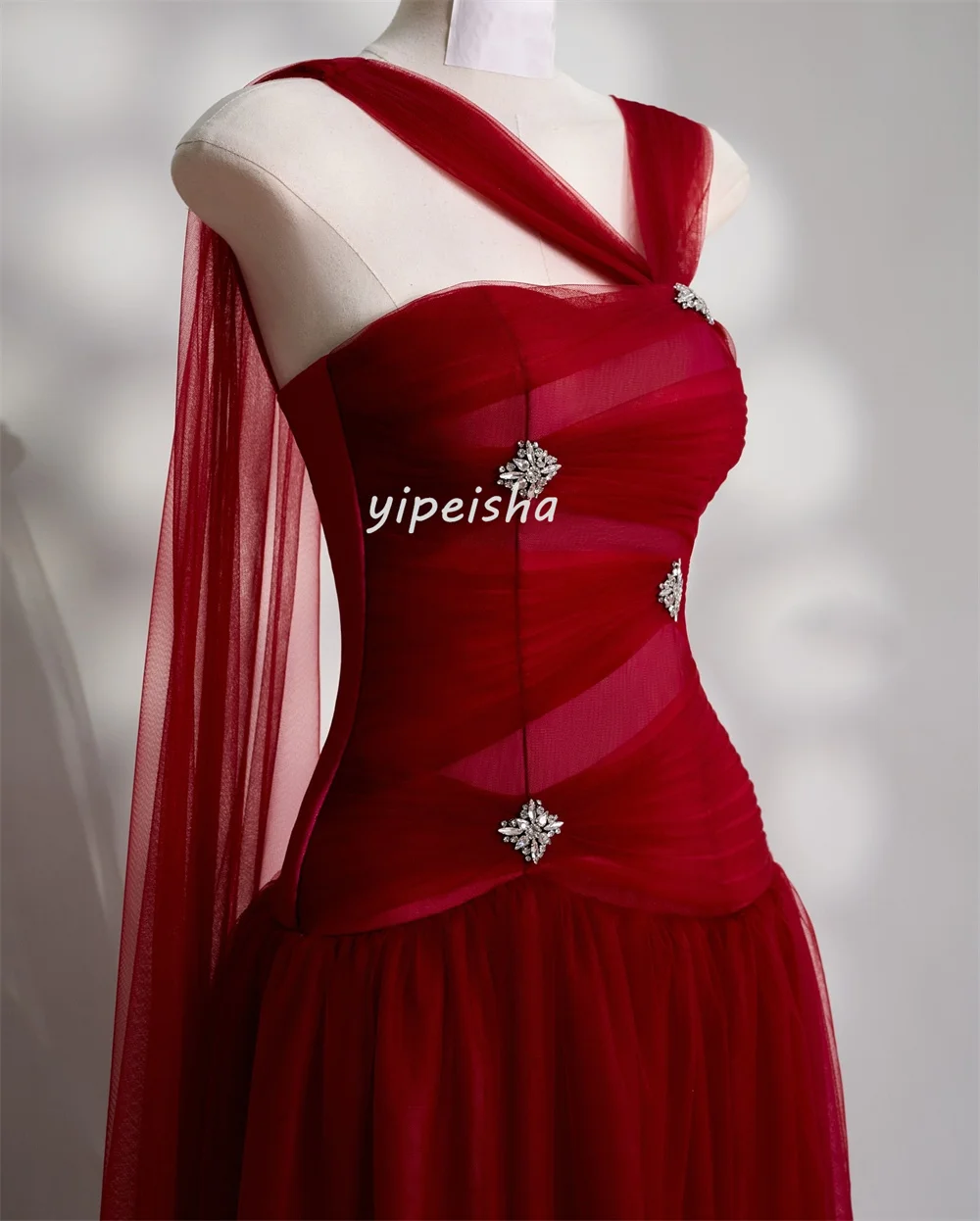 تخصيص الطراز الحديث الأزياء تول حجر الراين الطية ألف خط واحد الكتف فساتين طويلة مخصص فساتين المناسبات الأحجام المتاحة #4