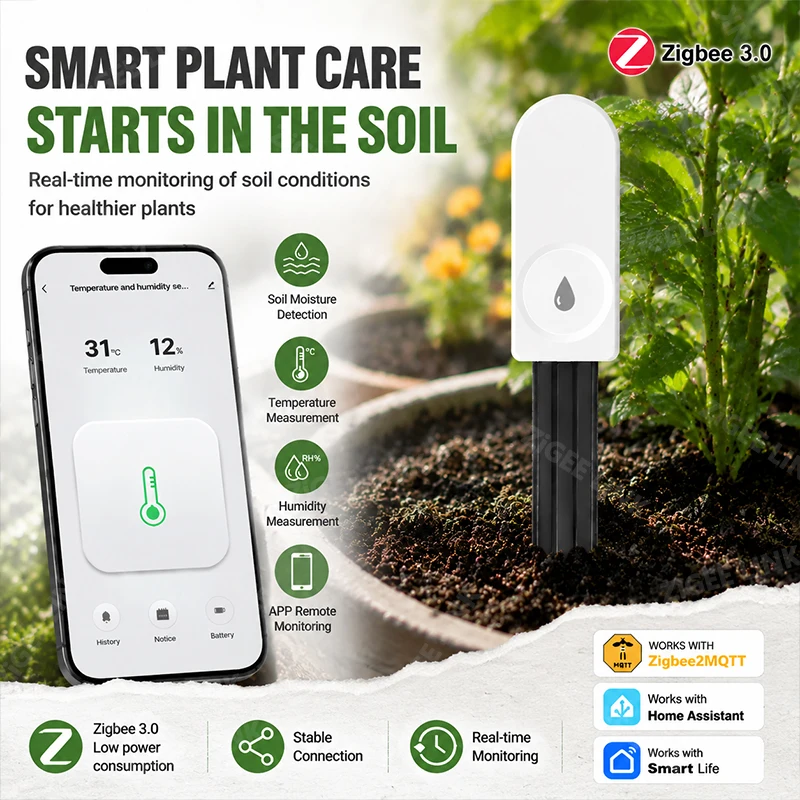 Zigbee 3.0 Soil Moisture & Air Temp Humidity Monitor Smart Plant Tester Compatible With Smart Life Zigbee2MQTT Home Assistant
