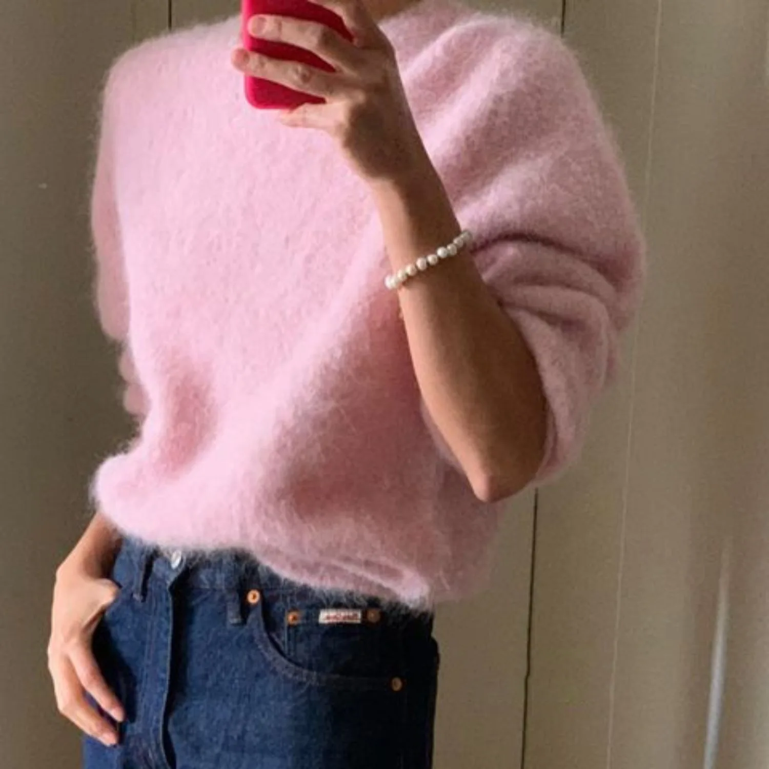 2023 Autumn and Winter New Round Neck Soft Waxy Knitted Pullover Pink Sweater Women