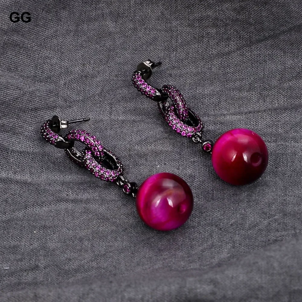 

GG Natural Smooth Round Red Tigers Eye Fuchsia Cz pave Ring Stud Earrings