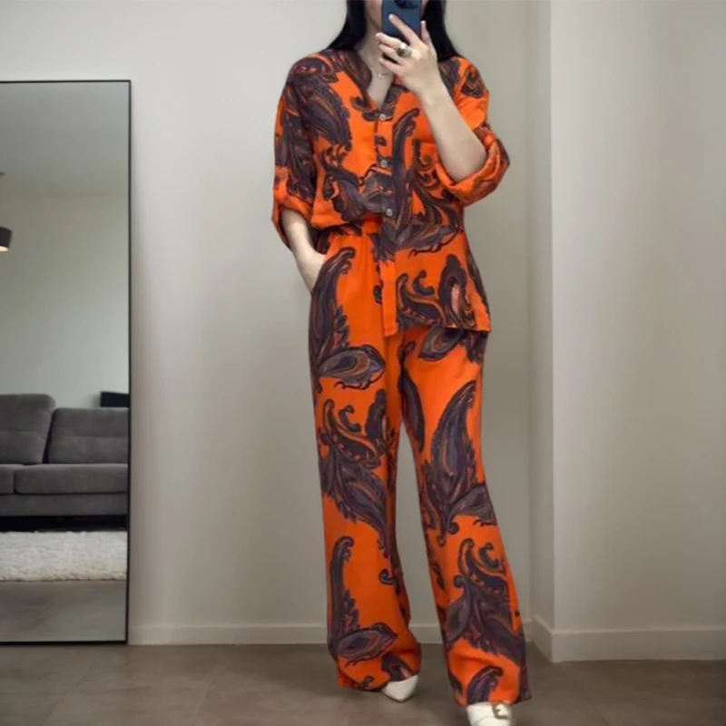 Vintage Print Two Piece Sets Fashion O-neck Three-quarter Sleeve Single-breasted Shirt And Drawstring Pocket Wide-leg Pant Suits