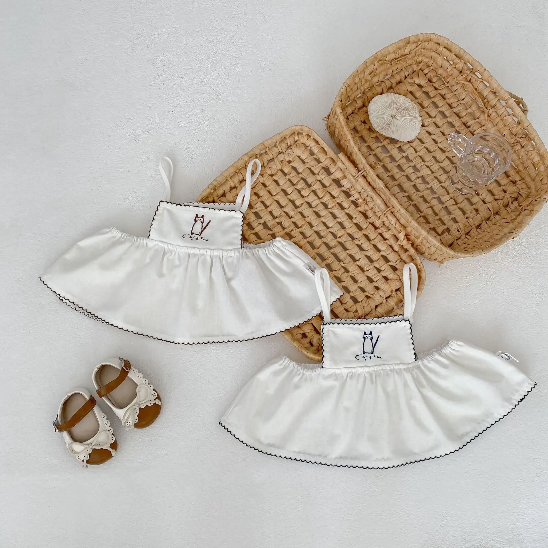 

2026 Summer New Baby Girl Sleeveless Sling Tops Infant Cute Cartoon Embroidery Sling Kids Girls Simple Vest Toddler Clothes