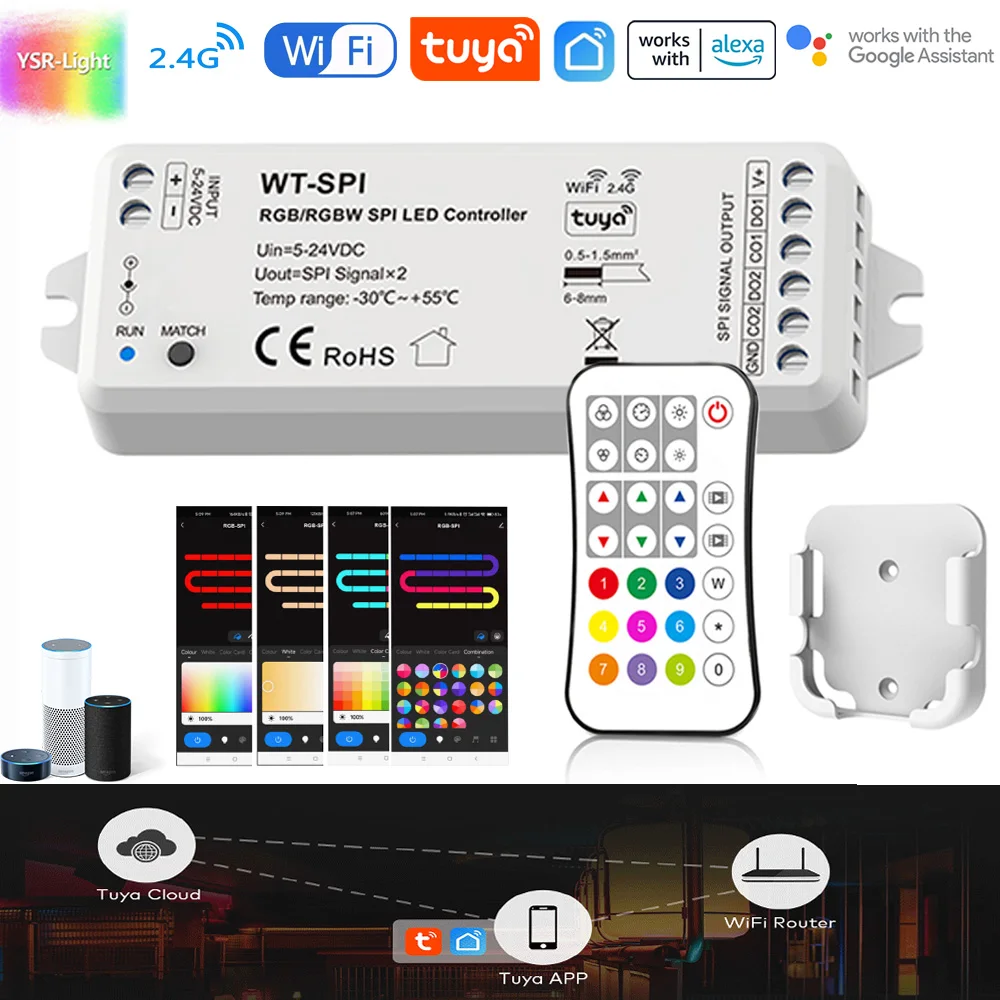 WiFi i RF SPI LED Controller RGB/RGBW DC5-24V WS2811 WS2812B SK6812 LED Light RF27Keys Remote Control Tuya App for Alexa Google