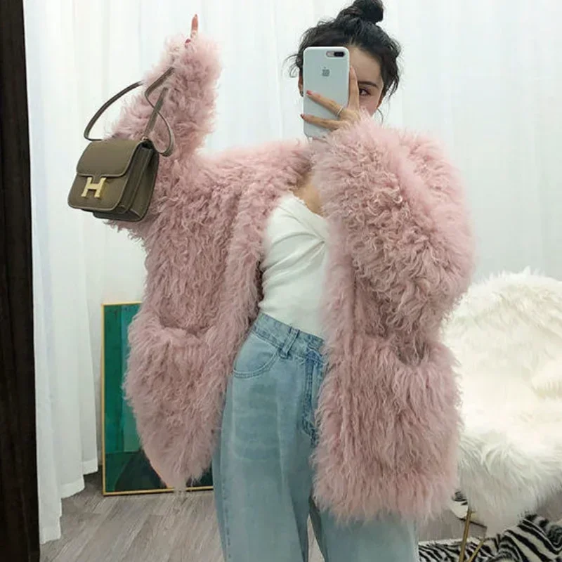 Women\'s Autumn Winter Lambs Plush Jacket Loose Imitation Fox Fur Trench Coat Wool Coat Lazy Fan Fur Coat Flocking Cardigan Tops