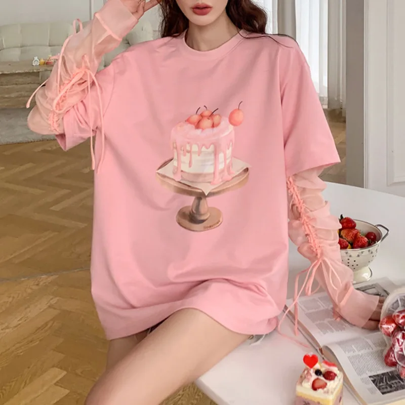 Summer Cute Tshirts Harajuku Cartoon Cake Print Pink T-shirt Women Detachable Mesh Puff Long Sleeve Graphic Bestie Tee Shirt