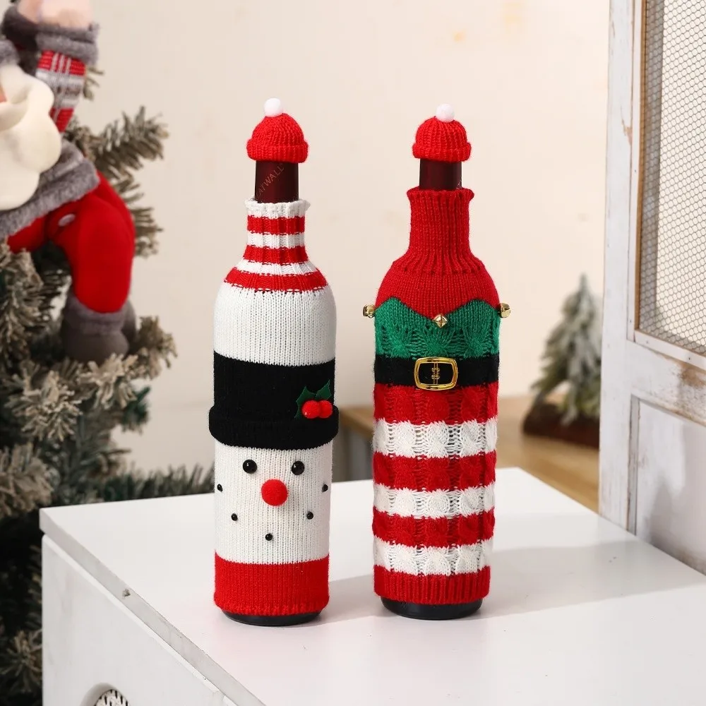 Knitted Wine Bottle Cover with Mini Santa Hat Santa Claus Beer Bottle Cover Elk Snowman Holiday Decoration Christmas