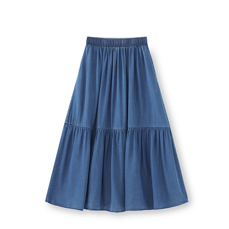 

Women`s Nostalgic High Waist Lyocell Denim Cake Skirt Elastic Waist Denim Stitching Large Umbrella Skirt Soft Delicate Fabric
