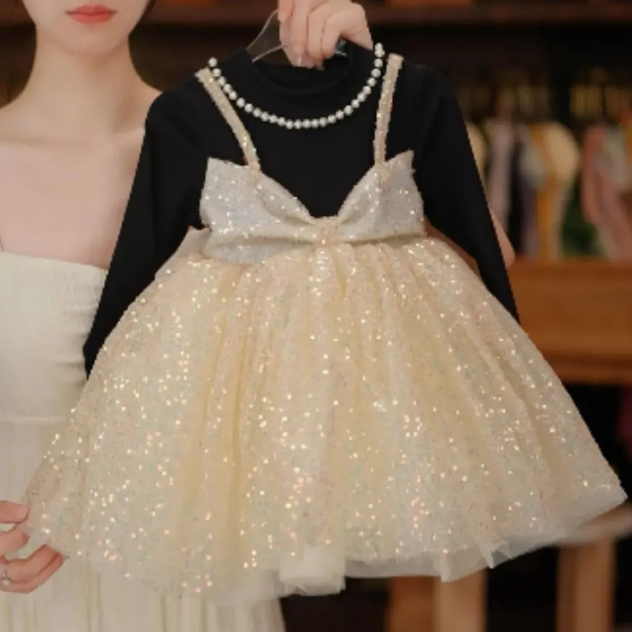 Girls Dress Spring and Autumn 2025 New Fashionable Little Girls Dress Children Heavy Industry Sequined Pearl Princess Dress