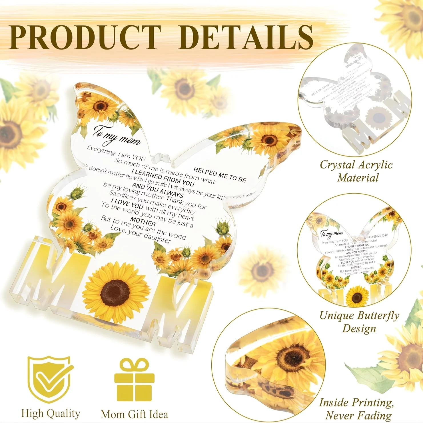 Gifts for Mom Birthday Gifts for Mom from Daughter Son Delicate Butterfly-Shaped Sunflower Acrylic Plaque Mom Present