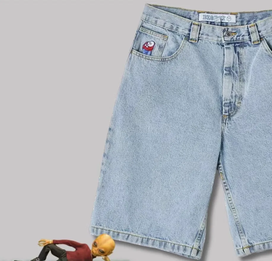 Bordado Denim Curto para Homens e Mulheres, Streetwear, Jeans Baggy, Shorts Hot Traf, Shorts de Skate, Y2K, Big Boy