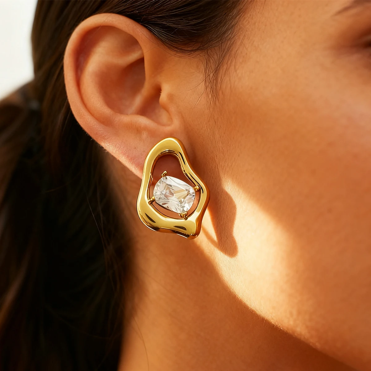 

Minimalist Classic 18K Gold Color Plated Inlay Zircon Square Irregular Earrings Hypoallergenic Stainless Steel Jewelry