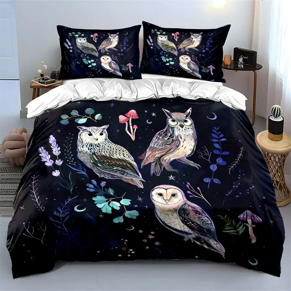 Owls in nature under starry night Pattern Duvet Cover Set Digital Print Colorful Polyester Bedding with Zipper Closur for gifts 3