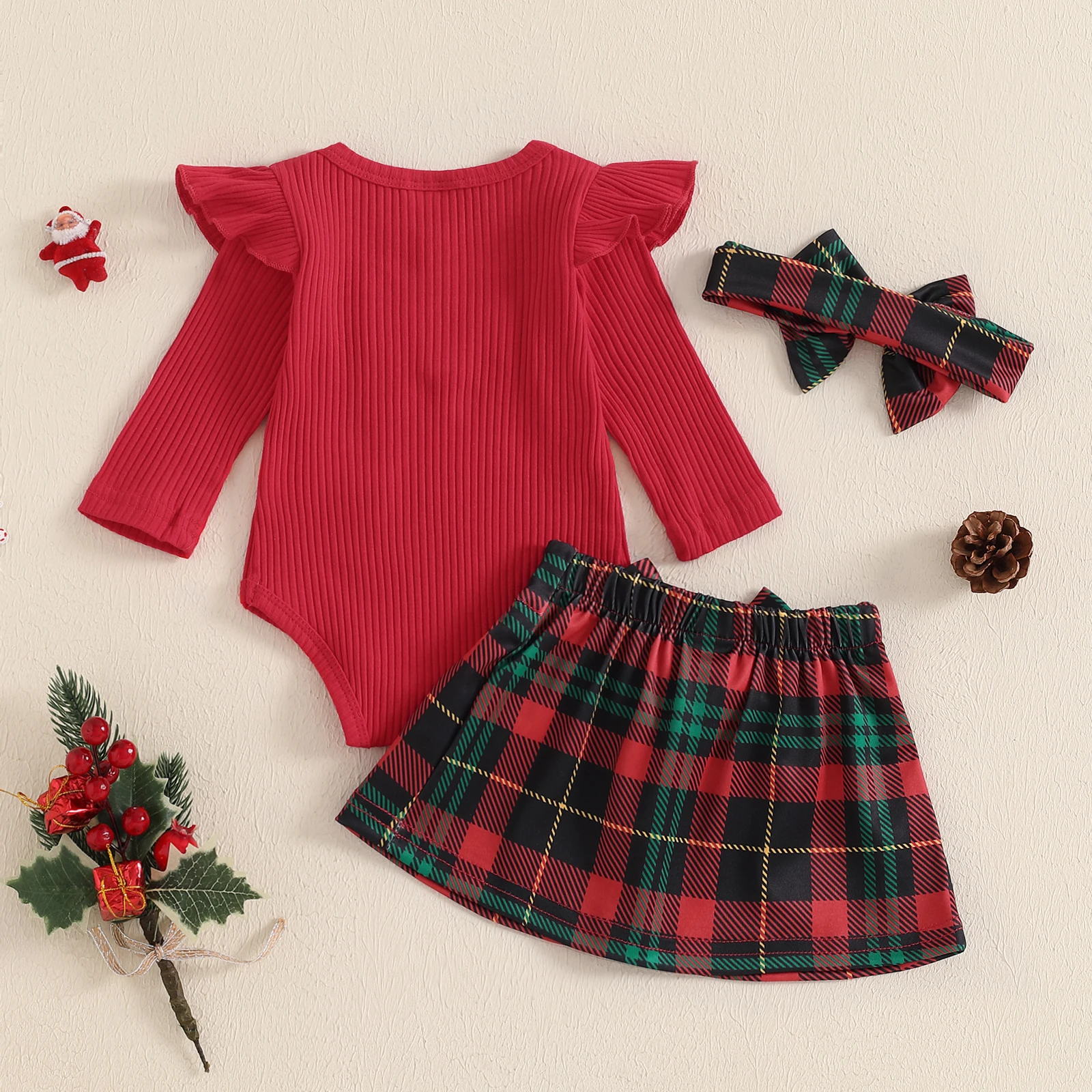 Baby Girls Christmas Outfits Long Sleeve Ribbed Romper + Plaid Skirt + Headband Set Newborn Clothes