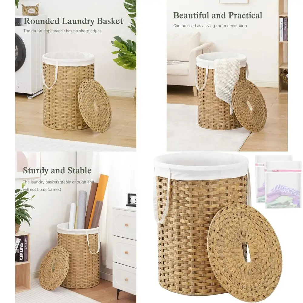 

Круглая плетеная корзина для белья из ротанга с крышкой и ручками, объем 29,1 галлонов, включает съемные мешки и 2 сетчатых вкладыша для дома