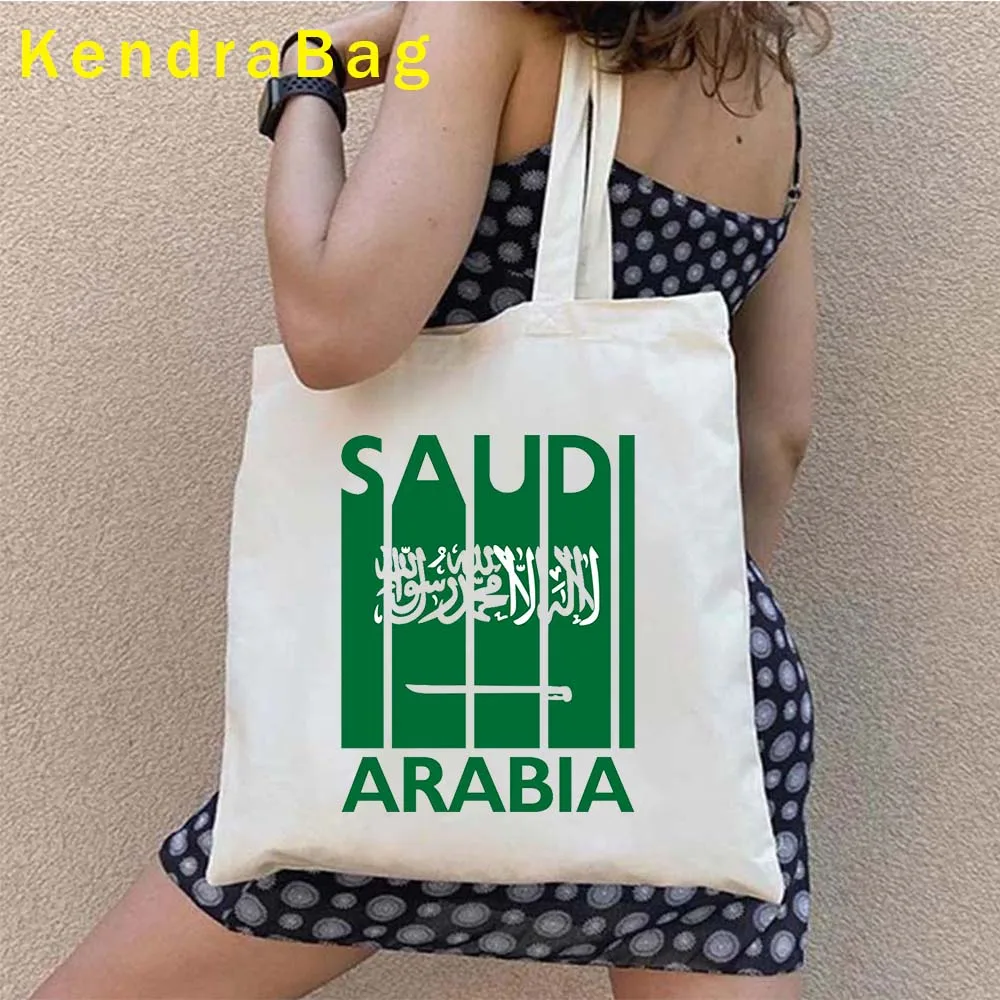 Arabia saudita bandiera mappa emblema cammello Arabia saudita re Salman principe bob Bin Salman JEDDAH paesaggio tela Tote Bag borsa