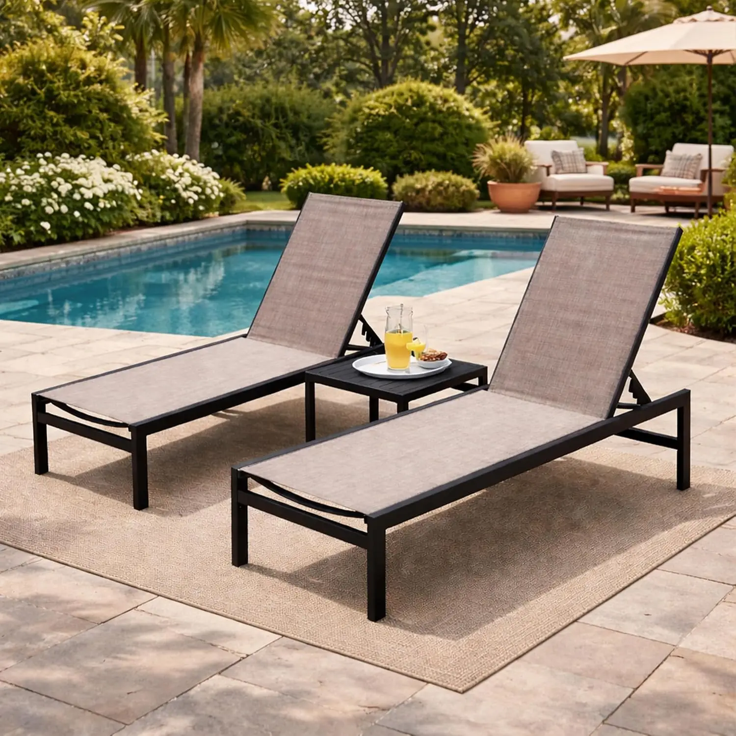 Outdoor Chaise Lounge, Aluminum Frame Adjustable Reclining Textilene Lounger for Poolside Sunbathing Backyard Beige  Customized
