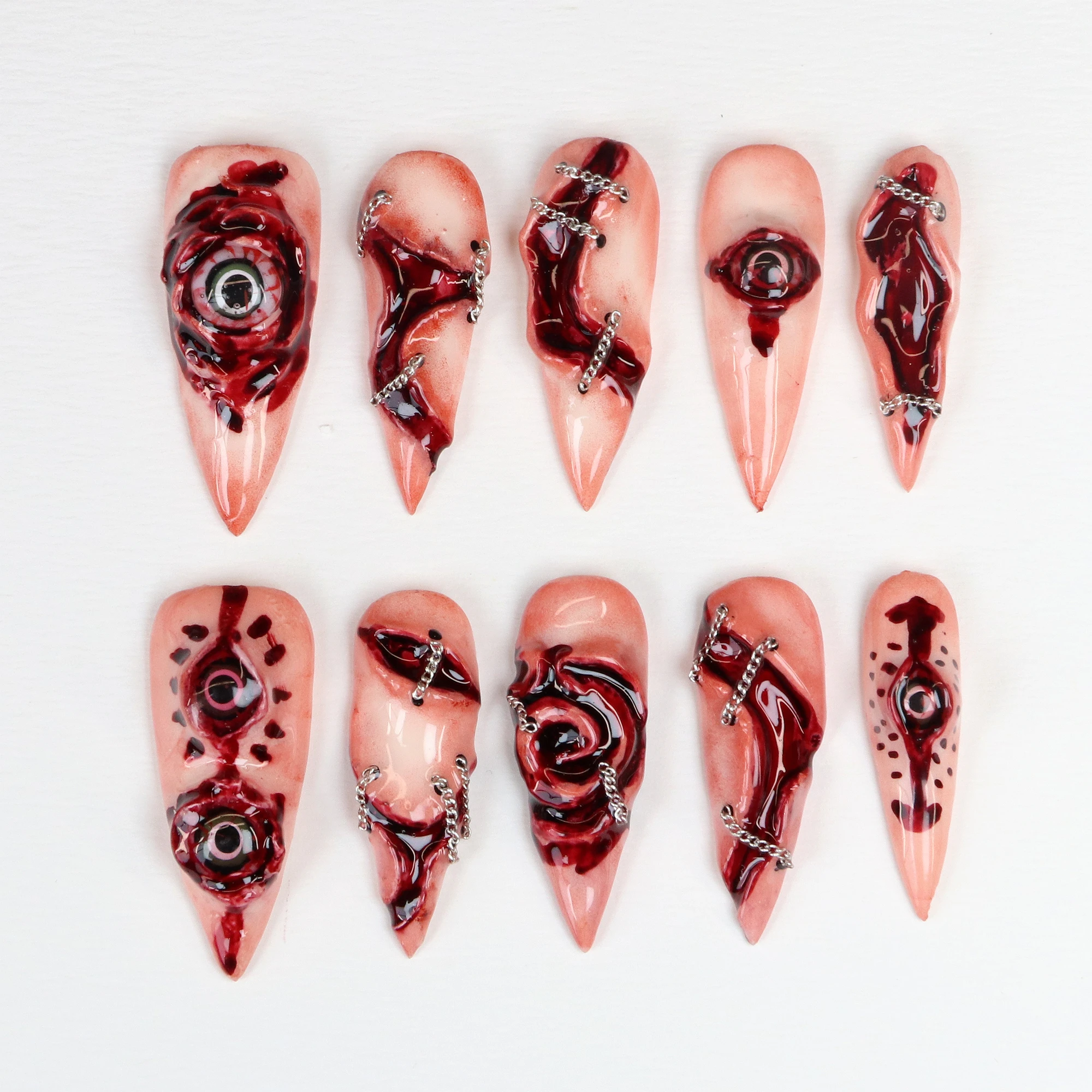 10Pcs 3D Handmade Long Stiletto Creepy Octopus Demon Eyes Horror Press on Nails, Custom Nails Handpainted Eyes Stiletto Nails
