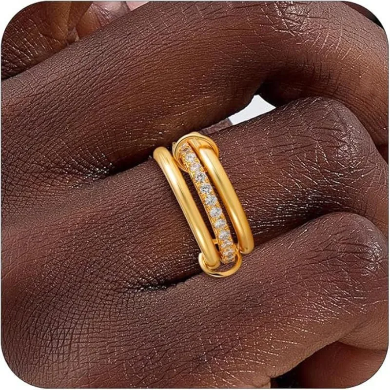 

Gold Chain Link Ring Inlaid Interlocking Ring Hypoallergenic Ins Style, Stacking Artifact Suitable For Young Women Party Jewelry