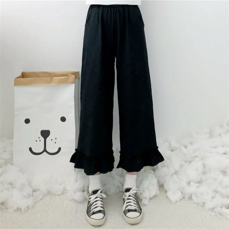 

Casual Pants Women Summer Thin All-match Ruffles Elastic Waist Pockets Ankle-length Sweet Japanese S-5XL Fashion Soft Hot Sale