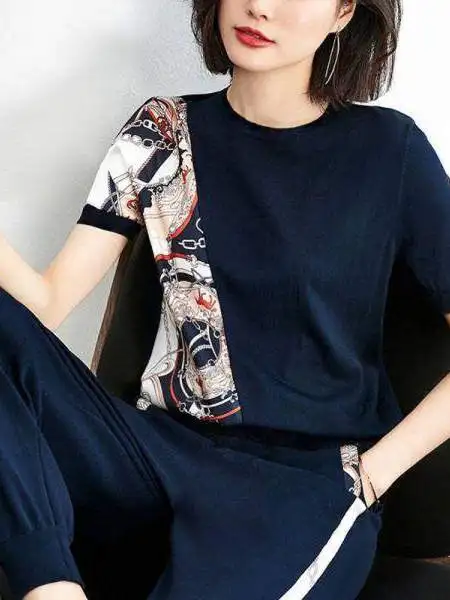 

plus Size Faionable Loose Summer Set for MM High Waist Long Pants ort Sve round Ne Cut Label Special Large Size Set