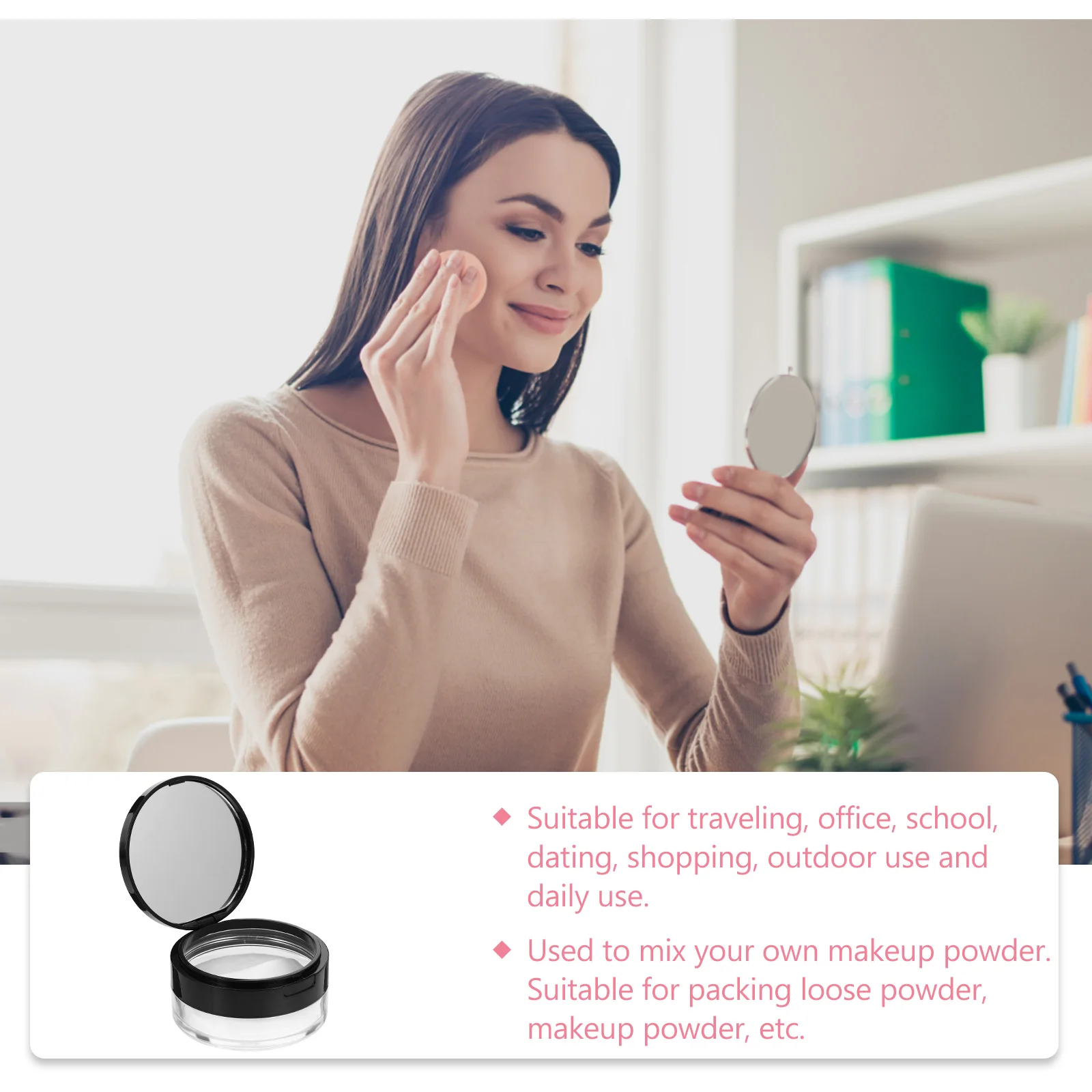 

Powder Box Loose Makeup Container Shampoo Empty with Puff to Compact Mirror and