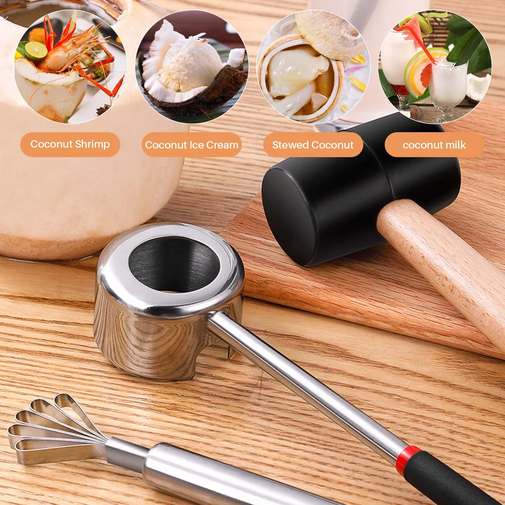 Conjunto de Ferramentas para Abrir Coco ABCL 5 Peças para Coco Verde, Kit Abridor de Coco em Aço Inoxidável, Kit Abridor Coco Jack