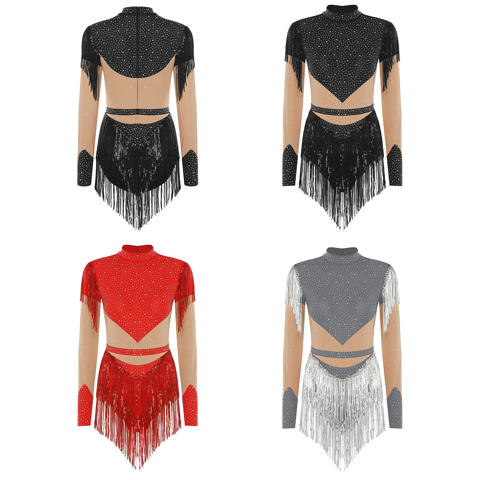 المرأة اللاتينية ملابس رقص الجمباز الشكل التزلج تشا تشا تانجو سامبا قاعة الرقص ارتداءها كم طويل الترتر شرابة حجر الراين Dancewear