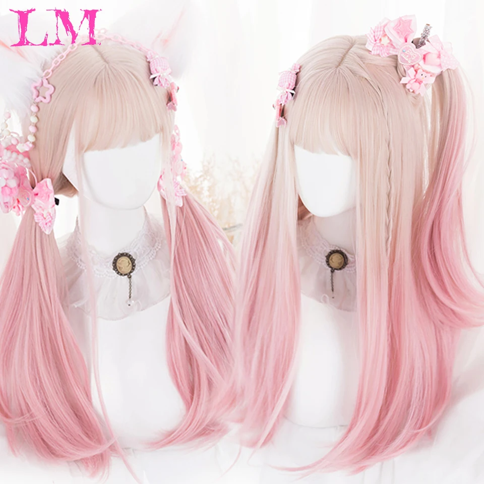 LM Long Straight Hair Synthetic Wig Girl Pink White Gradient Bangs Cosplay Lolita Party Heat-resistant Wigs